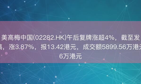 美高梅中国(02282.HK)午后复牌涨超4%，截至发稿，涨3.87%，报13.42港元，成交额5899.56万港元